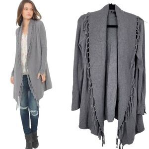 WHBM Fringe Western Cardigan Duster M Gray Wool Heavy Knit‎ Sweater Festival
